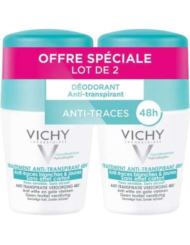 Vichy Roll-On Deodorant Anti-Perspirant 48H, Anti-Traces, No Cardboard Effect 2 x 50 ml
