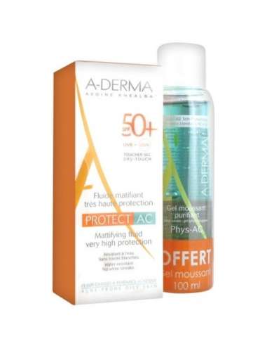 A-Derma Protect AC Fluide Solaire Matifiant 40 ml + Phys-Ac Gel Moussant Purifiant 100 ml