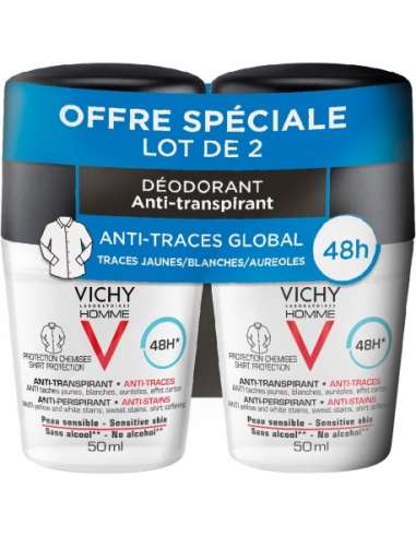 Vichy Homme Déodorant Bille 48H Anti-Transpirant Anti-Traces Protection Chemise 2 x 50 ml