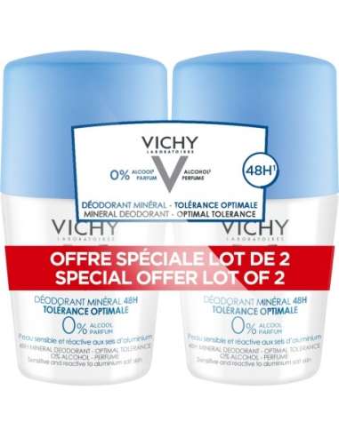 Vichy Déodorant Minéral Tolérance Optimale 48h peau sensible et réactive aux sels d'aluminium bille 2x50ml