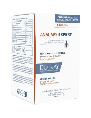 Ducray Anacaps expert Chute de cheveux chronique cure complète 3 mois 90 Gélules